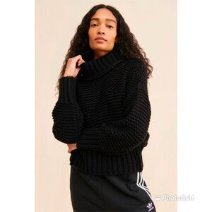 Free People Black Cowl Neck Sweater with Chunky Knit and Relaxed Fit
